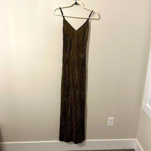 Black and Gold Metallic VTG Spaghetti Strap Cross Back Dress perfect for NYE 8 - Picture 1 of 4